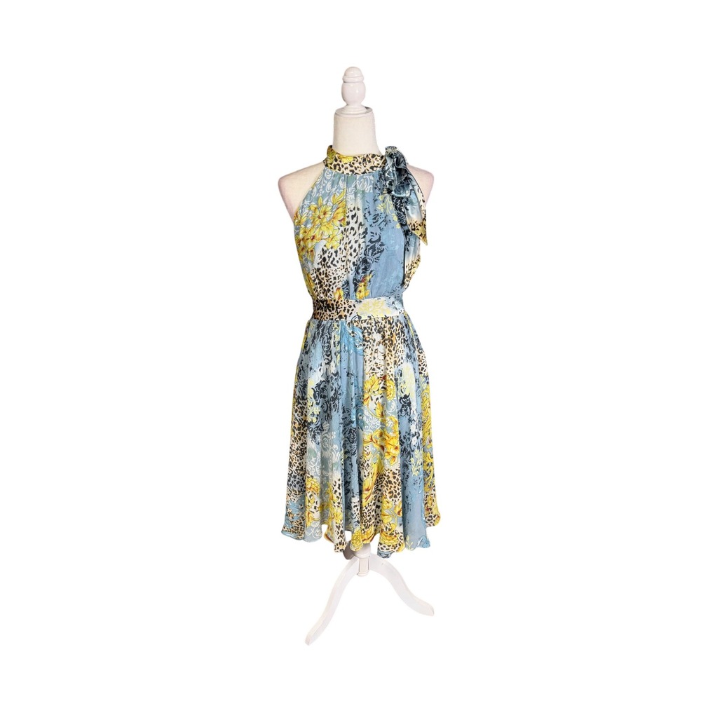 Y2K ICE Blue Floral + Leopard Print Halter Midi Dress Boho Coquette